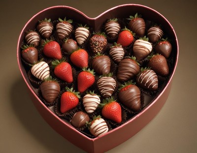 Delightful chocolate-covered strawberries in heart box