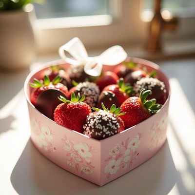 Heart-shaped box of strawberries and chocolate treats