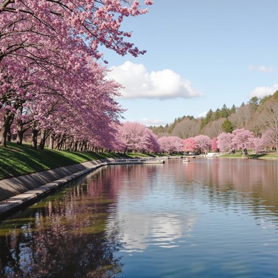 Cherry blossom trees line a tranquil river in spring
