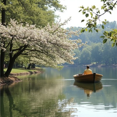 Relaxing boat ride on a calm lake surrounded by blossoms