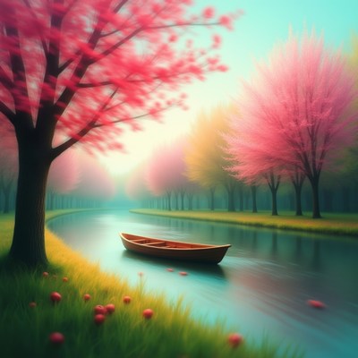 Serene boat on a tranquil river surrounded by blooming trees