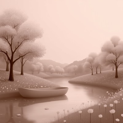 Tranquil riverside landscape with a boat and trees