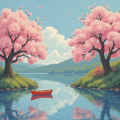 Tranquil lake with cherry blossom trees and a red boat