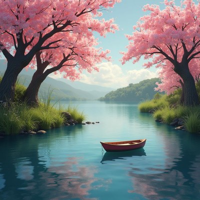 Serene lake with pink blossoms and a small boat