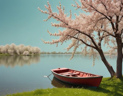 Boat anchored by blooming cherry trees on a calm lake