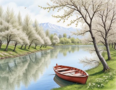 Red boat on a calm river surrounded by cherry blossoms