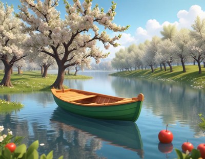 Cherry blossom trees surround a tranquil river with a boat