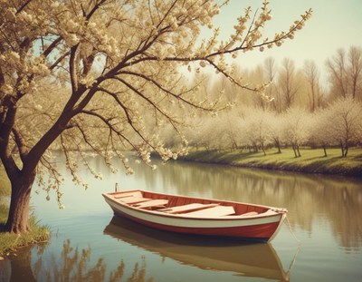Spring boat resting by the blooming riverside