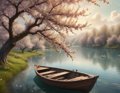 Beautiful spring day by the tranquil riverbank