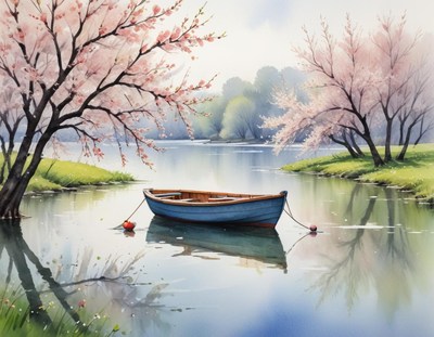 Serenity of a boat among cherry blossoms by the lake