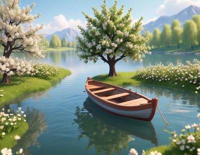 Serene boat on calm waters surrounded by blooming trees