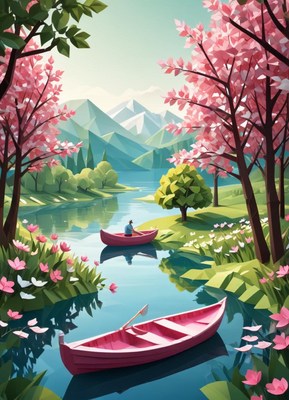 Serenity in nature with blooming trees and calm waters
