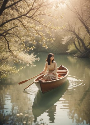 Serene woman rowing in a tranquil boat on a misty river