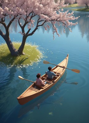Two people rowing a boat under cherry blossom trees