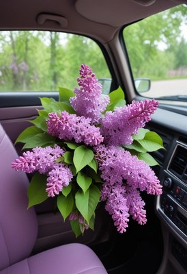 Lilacs arranged in a car interior during springtime