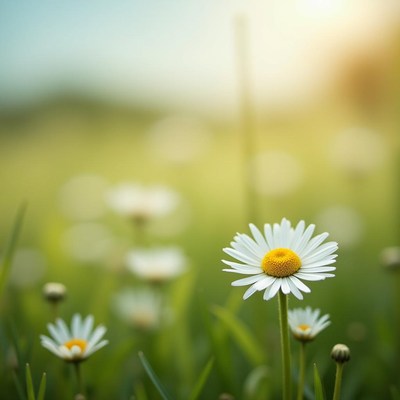 Bright daisies bloom in a sunny meadow during spring