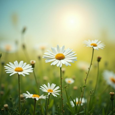 Bright white daisies bloom under blue sky at sunset