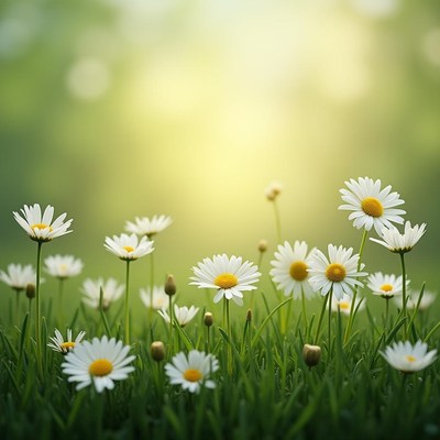 Beautiful daisies blooming in green grass at sunset