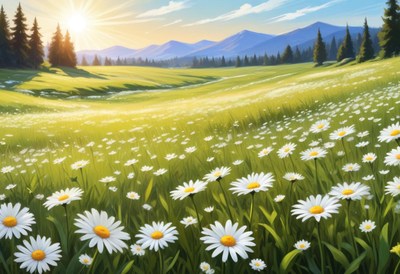 Peaceful meadow with wildflowers at sunrise