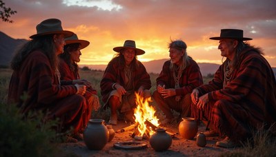 Celebration around a fire at sunset with traditional attire