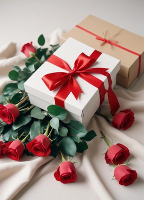 Beautifully arranged gifts and roses on a soft surface