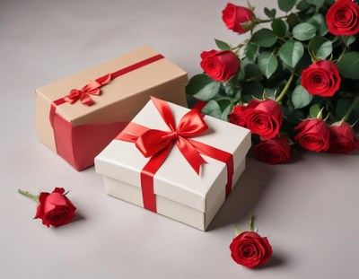 Gift boxes with red roses in a soft setting