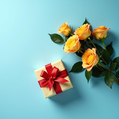 Gift box and yellow roses on a blue background