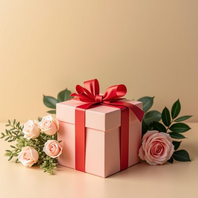 Beautifully wrapped gift box with roses on beige backdrop