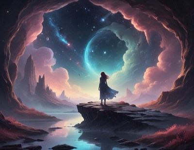 Cosmic exploration of a serene landscape at twilight