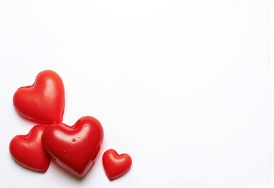 Different sizes of shiny red hearts on white background