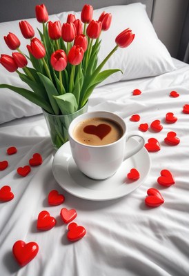 Coffee with heart shape and red tulip bouquet on bed