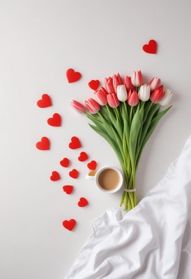 Bouquet of tulips and coffee with heart decorations