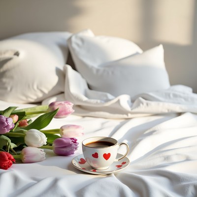 Coffee and flowers on a cozy bed in morning light