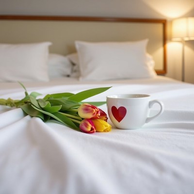 Fresh flowers and a warm cup on a cozy bed