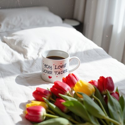 Mug with coffee and tulips on a cozy bed