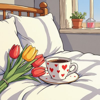 Enjoying coffee and flowers in a cozy bedroom setting