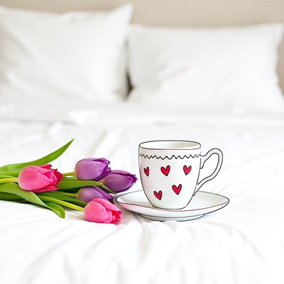 Cup of tea with tulips on a soft bedspread