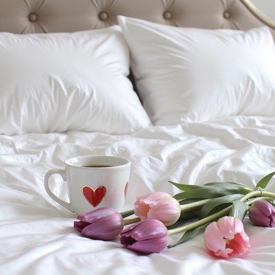 Cozy morning with tulips and a cup of tea in bed