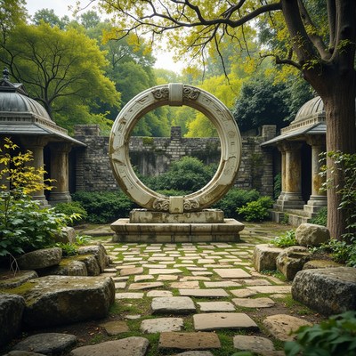 Serene stone arch stands in tranquil overgrown garden