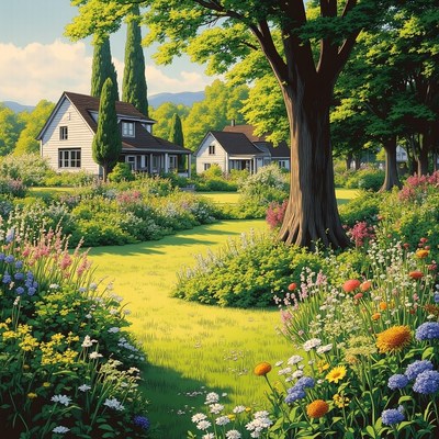 Lush garden landscape with charming houses in sunlit scene