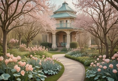 Beautiful spring garden with blossoms and a cozy gazebo