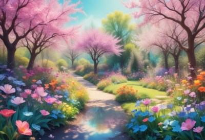 Springtime walk through a blooming garden pathway