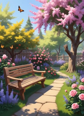 Charming spring garden with vibrant flowers and butterflies