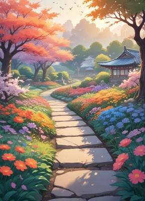 Colorful garden pathway in springtime sunlight