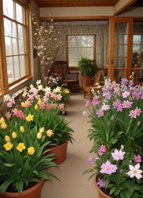 Colorful spring flowers brighten a cozy indoor space