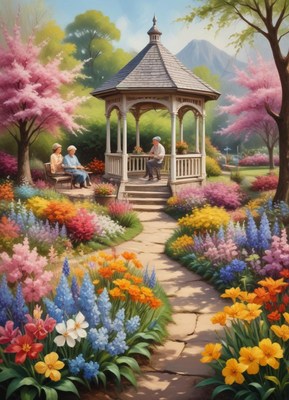 Relaxing summer day in a colorful garden gazebo