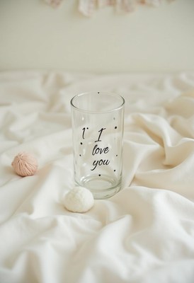 Clear glass with i love you text on soft bedding