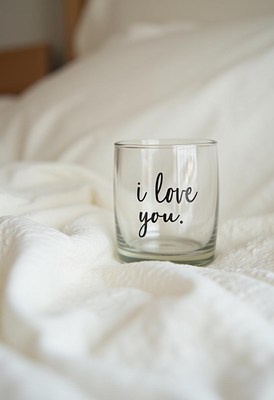 Glass with i love you message on a bed