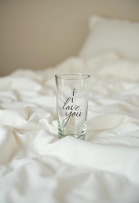 Glass with heartfelt message on a cozy bed