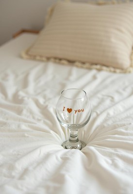 Decorative glass resting on a bed with love message